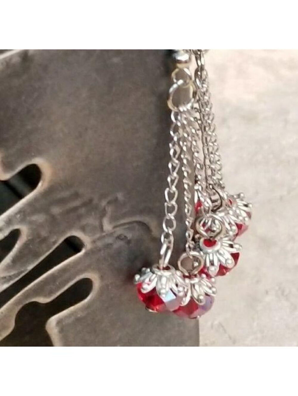 Triple Chained Red Crystal Swingy Earrings